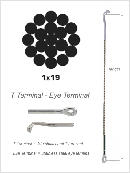 3mm 1x19 Stainless Steel Wire Rope (T-terminal - Eye Terminal)