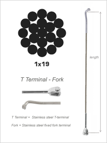 4mm 1x19 Stainless Steel Wire Rope (T-terminal - Fork)